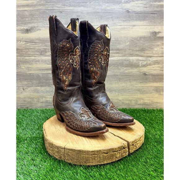 Corral Women - Size 7M - Brown Fleur De Lis Wings Cowboy Boots R2549 - Picture 1 of 11